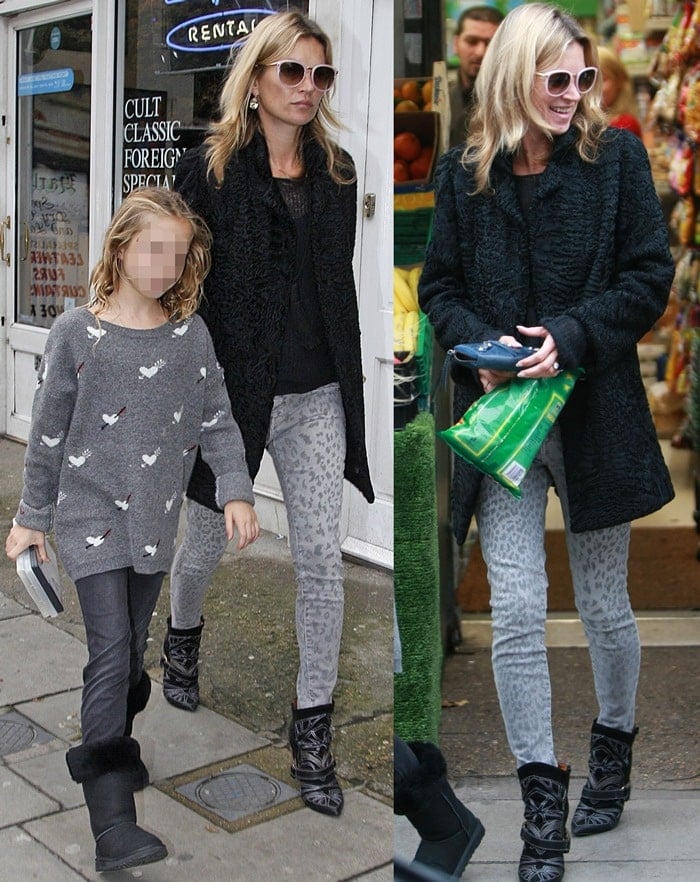 Kate Moss shopping for a DVD and popcorn in leopard print jeans