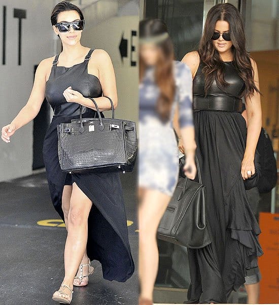 Kim Kardashian and Khloé Kardashian in black leather dresses Kim and Khloé Kardashian showcase their style in LBLDs, Kim in Beverly Hills and Khloe in Miami, flaunting leather bodices and flowing skirts