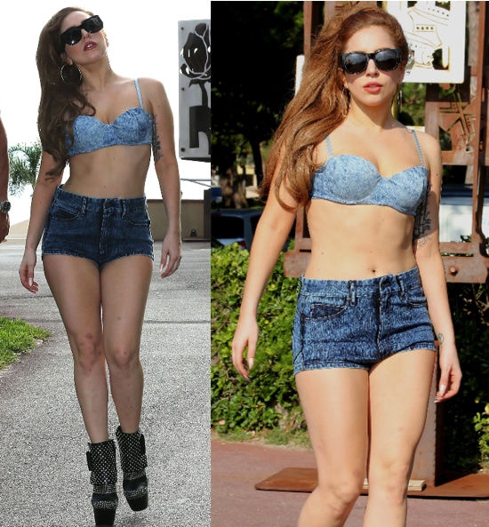 Lady Gaga McQueen Booties Lady Gaga in high-waist acid-wash denim shorts and a bra-style denim top