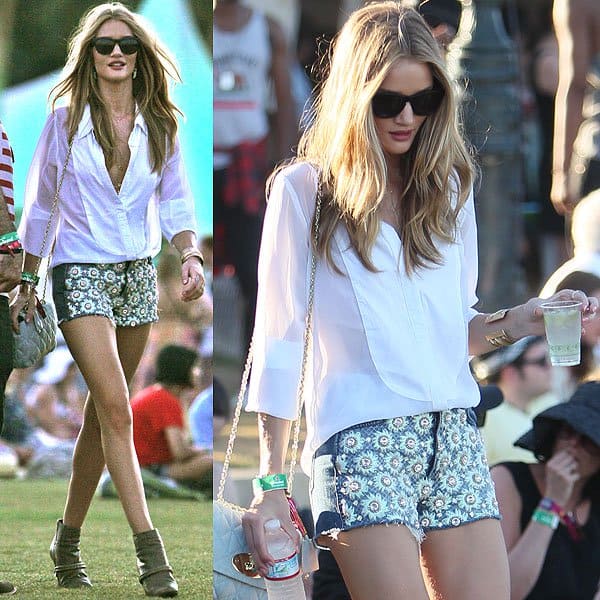 Rosie Huntington-Whiteley 2012 Coachella Valley Music and Arts Festival At the Coachella Music Festival on April 20, 2012, Rosie Huntington-Whiteley showcased a perfect festival look, wearing Christopher Kane for J Brand floral denim shorts, paired with a Stylestalker 9 to 5 shirt, and accessorized with a Mulberry Lily shoulder bag, Givenchy chain wedge nappa boots, Westward Leaning Mercury 7 sunglasses, and a Tara Agace gold cuff