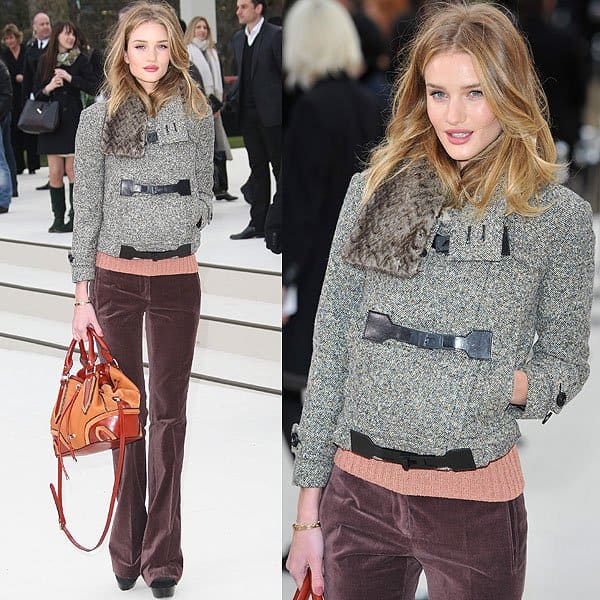 Rosie Huntington-Whiteley Burberry Fall 2012 fashion show On February 20, 2012, at the Burberry Prorsum Fall 2012 Runway Show, Rosie Huntington-Whiteley showcased a stunning Burberry ensemble, featuring a Pre-Fall 2012 bow sweater, velvet trousers, and leather detailed bag, complemented by a cropped tweed jacket and Fall 2012 booties, all from Burberry Prorsum, and elegantly finished with a Cartier Love bracelet