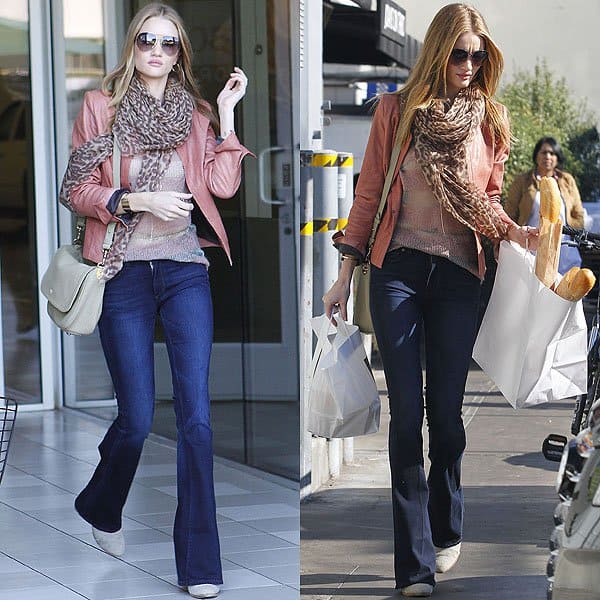 Rosie Huntington-Whiteley Joan's on Third Rosie Huntington-Whiteley exuded effortless, off-duty elegance on December 24, 2011, at Joan’s on Third, wearing Paige Premium Denim high-rise “Bell Canyon” jeans paired with an IRO Ashville leather jacket, an Isabel Marant mohair-blend sweater, a Salvatore Ferragamo cashmere leopard scarf, and Rag Bone Classic Newbury booties, finished with a Mulberry Evelina satchel and oversized sunglasses