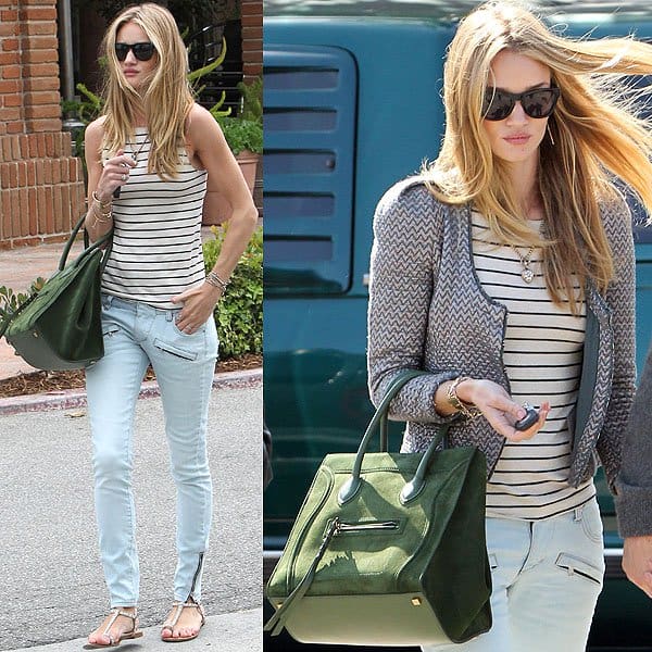 Rosie Huntington-Whiteley Taverna Tony's restaurant In Malibu on May 12, 2012, Rosie Huntington-Whiteley was seen in a casual yet chic ensemble, wearing Pierre Balmain skinny zip jeans and an Aubin Wills striped tank, accessorized with a Celine Phantom luggage tote bag, Annina Vogel 9Ct gold naked mixed link bracelet, diamond swallow bracelet, and a Victorian rose cut diamond heart arrow bespoke necklace, complemented by Westward Leaning Mercury 7 sunglasses, a Tara Agace gold cuff, and Giuseppe Zanotti stone suede Tor ring flat sandals