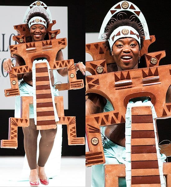 The Chocolate Dress Fashion Show Claudia Tagbo wears a dress that marries chocolate craftsmanship with tribal inspirations, adorned with bars and triangles for a bold statement