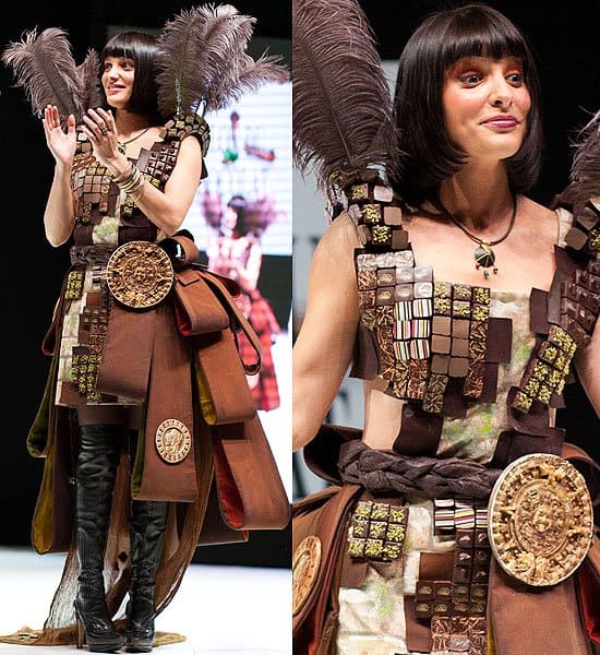The Chocolate Dress Fashion Show Erika Moulet's dress features an intricate layering of chocolate squares, creating a looped design that is both innovative and stylish
