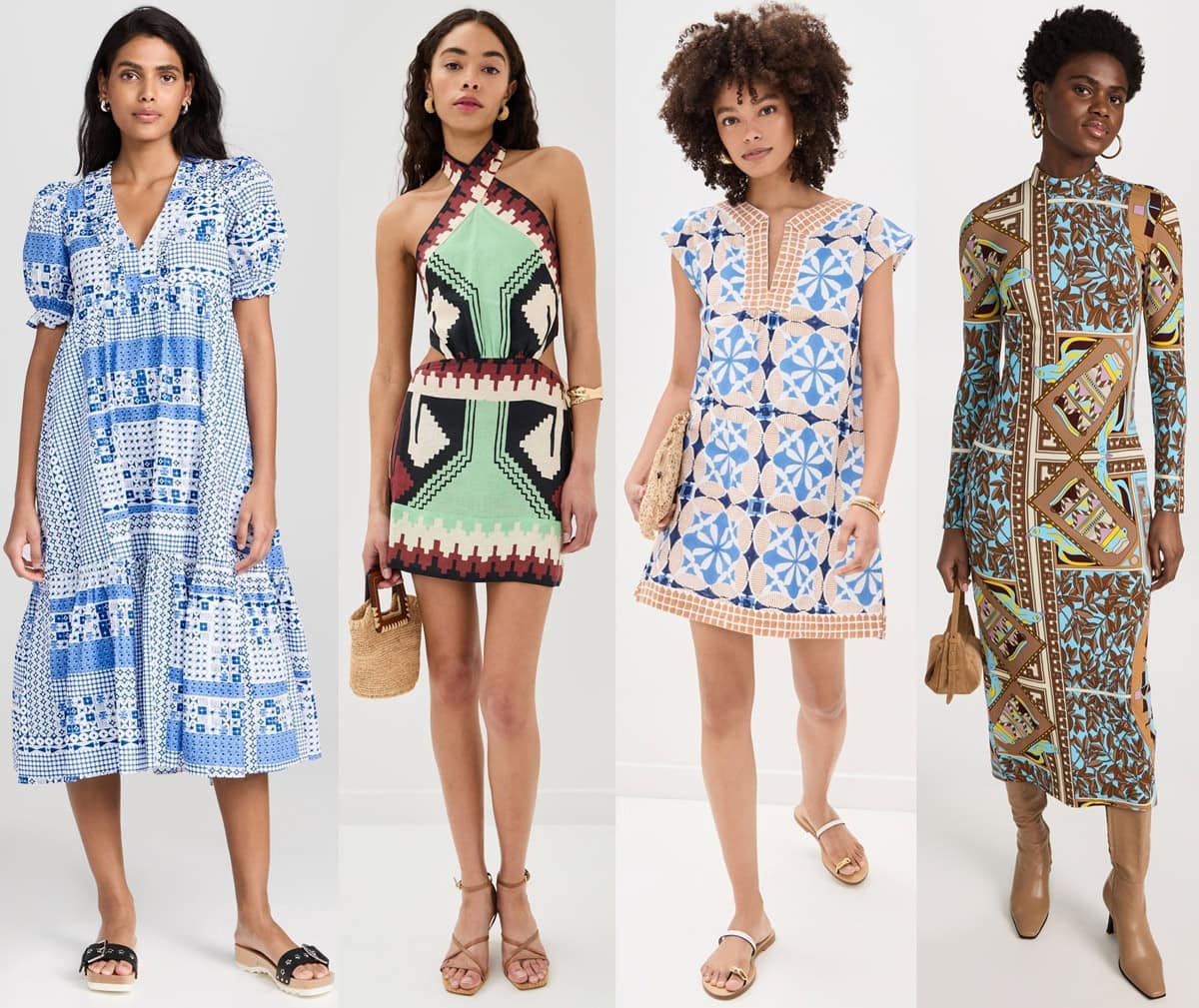 A bold showcase of the geometric print revival — from breezy blue patchwork midis to tribal halter minis and structured patterned maxis — proving that modern silhouettes and statement shoes keep this timeless trend fresh