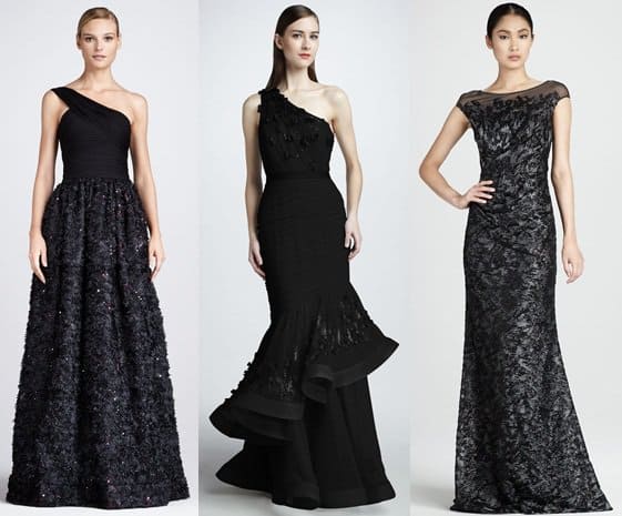 monique lhuillier and david meister gowns Monique Lhuillier Petal Skirt Gown / Monique Lhuillier One-Shoulder Gown / David Meister Beaded Illusion Dress