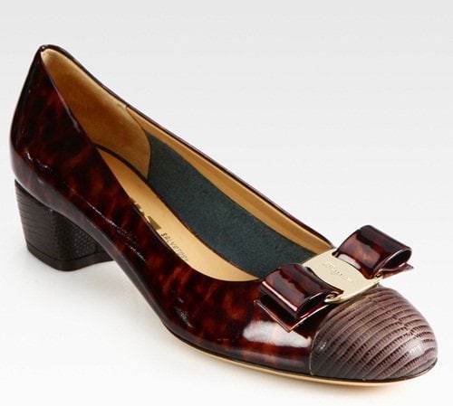 salvatore ferragamo vara printed leather bow pumps Salvatore Ferragamo 'Vara' Printed and Patent Leather Bow Pump