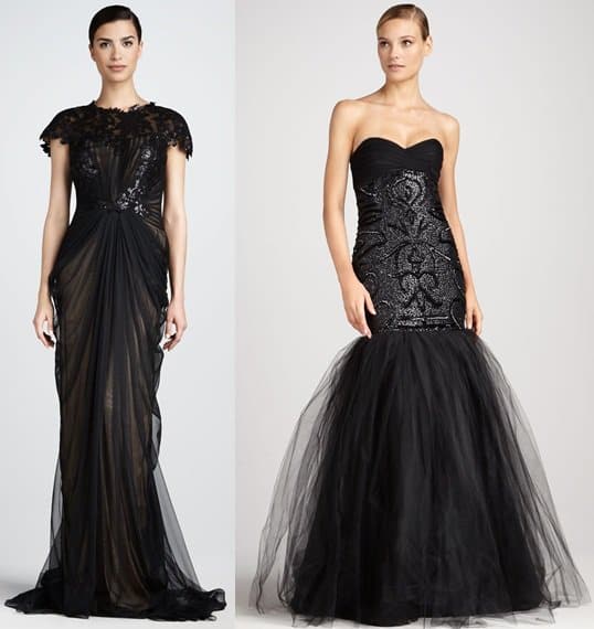 tadashi shoji and monique lhuillier gowns Tadashi Shoji Ruched Lace Top Gown and Monique Lhuillier Beaded Mermaid Gown