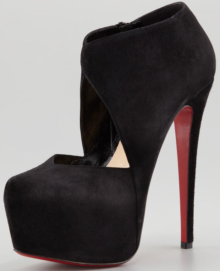 Black suede Christian Louboutin Donue open-front booties featuring a sculptural cutout silhouette, dramatic platform, and signature red lacquered sole