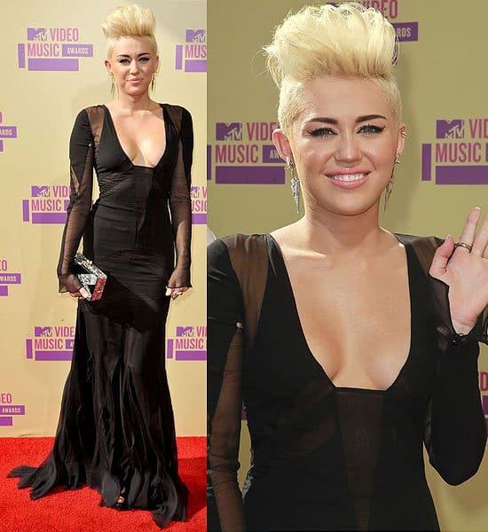 Miley Cyrus 2012 MTV Video Music Awards Miley Cyrus debuted her striking, super-short blonde hairdo at the 2012 MTV Video Music Awards