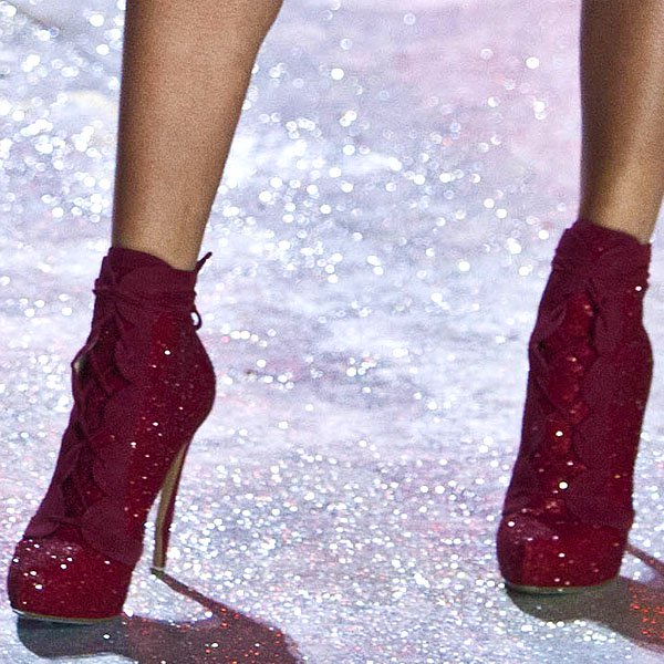 Nicholas Kirkwood shoes 2012 Victoria's Secret Fashion Show South African model Candice Swanepoel wears glittering red ankle boots