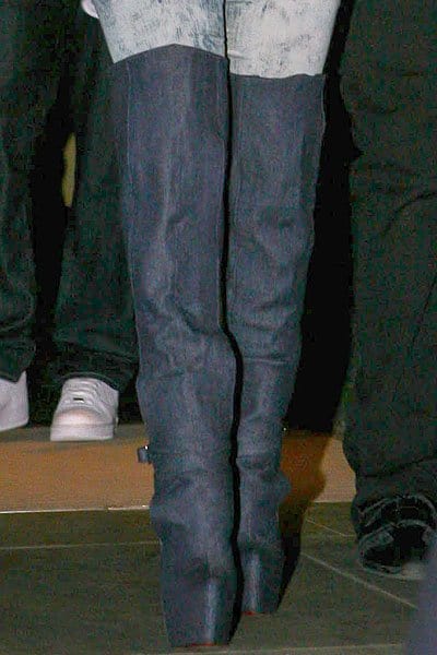 Nicki Minaj in denim thigh high boots Nicki Minaj rocks Christian Louboutin denim thigh-high boots