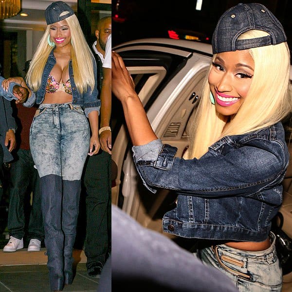 Nicki Minaj in denim thigh high boots Nicki Minaj tucked her acid wash jeans into knee-high denim Christian Louboutin boots