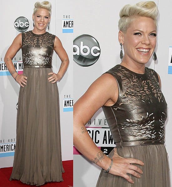 Pink 2012 American Music Awards Pink in a bronze Catherine Deane gown at the 2012 American Music Awards