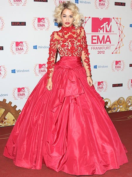Rita Ora 2012 MTV EMAs Rita Ora shone in a Marchesa AW12 gown in a bold shade of red at the MTV EMA's 2012