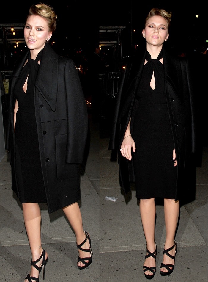 Scarlett Johansson exudes timeless sophistication in an all-black ensemble featuring a halter dress, tailored coat, and Jimmy Choo “Vamp” heels outside the Late Show with David Letterman studio in New York City