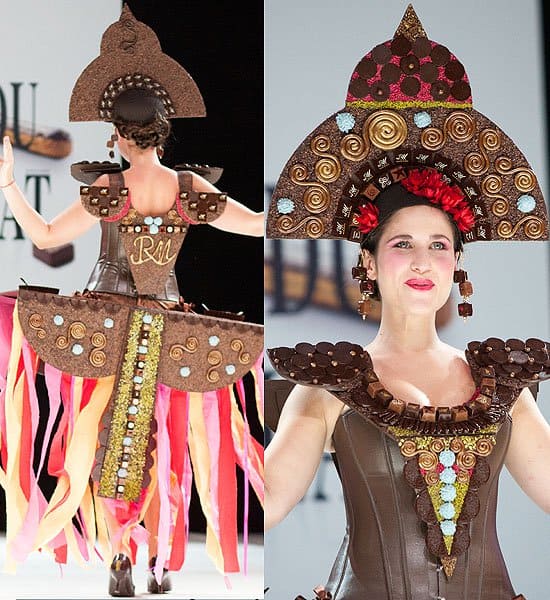 The Chocolate Dress Fashion Show Josephine Drai showcases a visually striking ensemble made of chocolate swirls, squares, and circles, blending artistry with confectionery brilliance