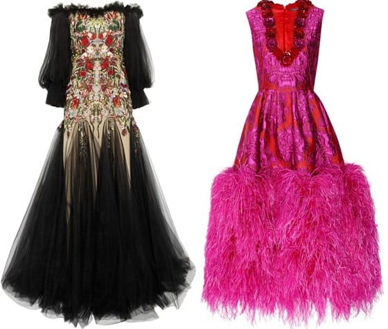 alexander mcqueen dresses Experience the luxury of Alexander McQueen with these stunning pieces: an embroidered silk tulle off-shoulder gown and a feather-trimmed floral brocade dress, showcasing the brand's exquisite craftsmanship and unique design
