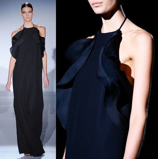 gucci spring 2013 dress2 The Gucci Spring 2013 Ruffled Halter Maxi Dress, not yet available for purchase, showcases a daring and unique design that blends sensuality with high fashion, challenging traditional notions of elegance