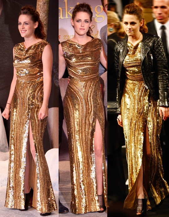 Kristen Stewart dazzles in a gold sequined Elie Saab Fall 2012 gown with a thigh-high slit, paired with strappy black Christian Louboutin ‘Manon’ booties, at the premiere of The Twilight Saga: Breaking Dawn – Part 2 in Berlin, Germany, on November 16, 2012