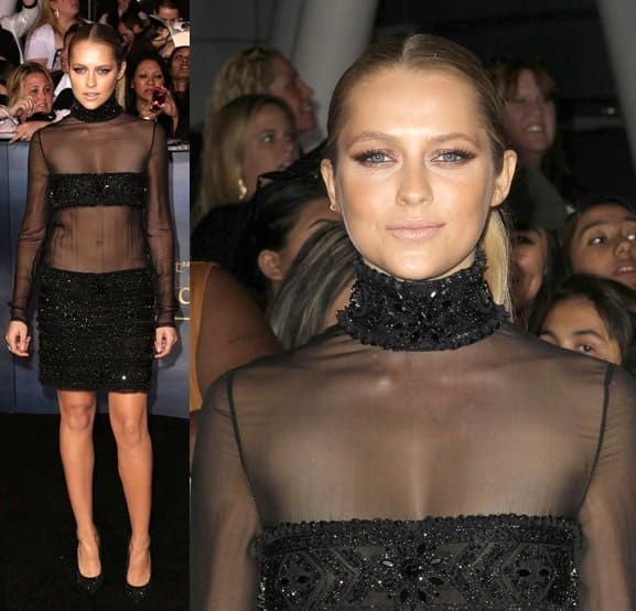 teresa palmer breaking dawn 2 premiere At the premiere of "The Twilight Saga: Breaking Dawn - Part 2" held at Nokia Theatre L.A. Live on November 12, 2012, in Los Angeles, California, actress Teresa Palmer made an appearance with smoky eyes, nude lips in a high-neck Emilio Pucci dress