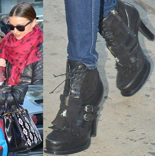 miranda kerr accessories Miranda Kerr completes her chic biker look with a standout pair of Tabitha Simmons ‘Sally’ ankle boots, featuring folded kilties, sleek buckles, and a sturdy heel
