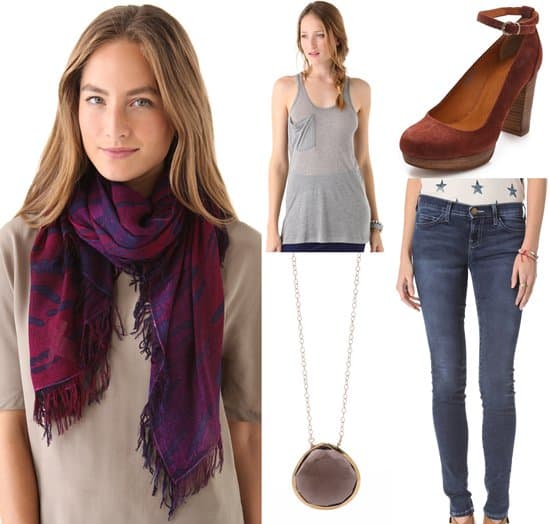 Get Hilary Duff's Look with Theodora Callum Fringe Tiger Scarf Achieve Hilary Duff's effortlessly chic look with these pieces: Theodora Callum fringe tiger scarf, Current/Elliott The Skinny jeans, KAIN label pocket tank, Madewell ankle strap pumps, and Dara Ettinger Elise necklace