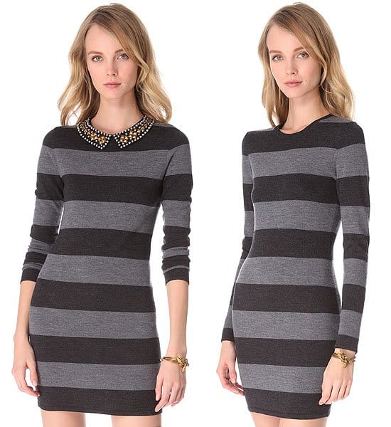 Gryphon rugby stripe dress with studs An optional sequined collar adds unexpected shine to a striped sweater dress, creating a unique mix of posh and prep.