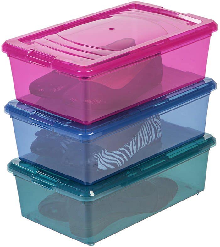 The IRIS 6-quart modular storage boxes combine compact sizing with stackable efficiency, offering a colorful, space-saving way to store individual pairs while keeping contents visible and neatly contained