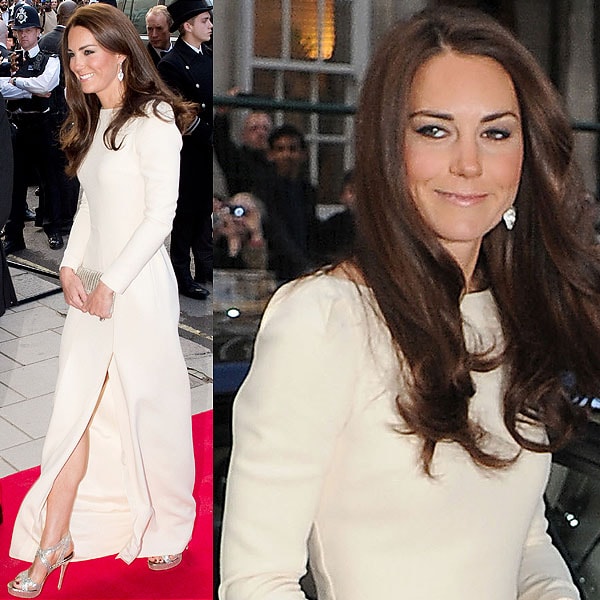 Kate Middleton Advertising World dinner Kate Middleton dazzles in an ivory Roland Mouret gown with a thigh-high slit, paired with sparkling silver Jimmy Choo heels