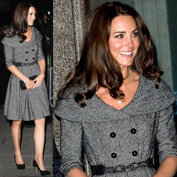 Kate Middleton National Portrait Gallery Kate Middleton looks elegant in a gray belted coat dress paired with classic black pumps