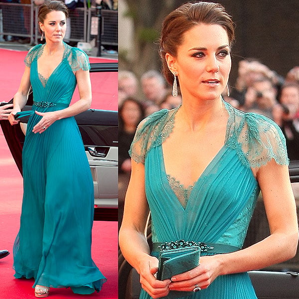 Kate Middleton Our Great Team Rises Kate Middleton stuns in a teal Jenny Packham gown with lace cap sleeves