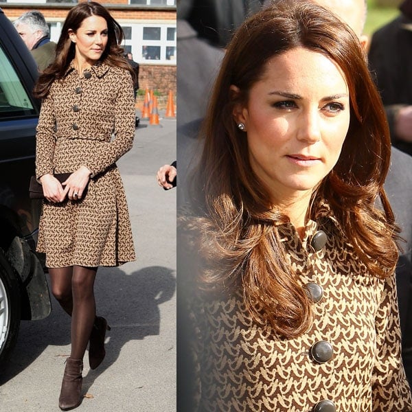 Kate Middleton Rose Hill School Kate Middleton looks polished in a brown patterned coat dress styled with matching brown tights and ankle boots