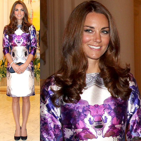 Kate Middleton state dinner at the Istana Kate Middleton makes a bold statement in a purple and white graphic print dress by Prabal Gurung, paired with black pumps, during a royal engagement in Singapore