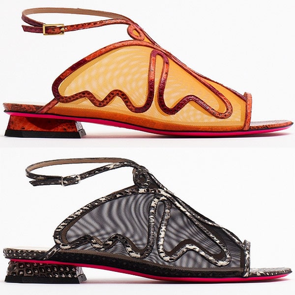 Matthew Williamson Spring 2013 shoes Flat sandals with translucent mesh uppers and swirling appliqué lines echo the collection’s insect-inspired motifs while offering a lighter, more relaxed counterpoint