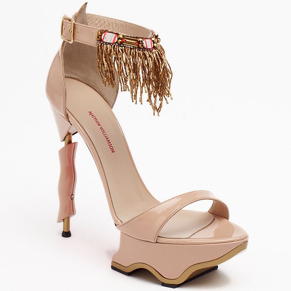 Matthew Williamson Spring 2013 shoes This nude platform sandal is elevated by a beaded fringe ankle detail and a sculpted heel, blending soft femininity with deliberate structure