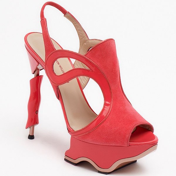 Matthew Williamson Spring 2013 shoes A bold red suede slingback sandal features cutout panels and a stacked platform sole, using color saturation to emphasize shape and proportion
