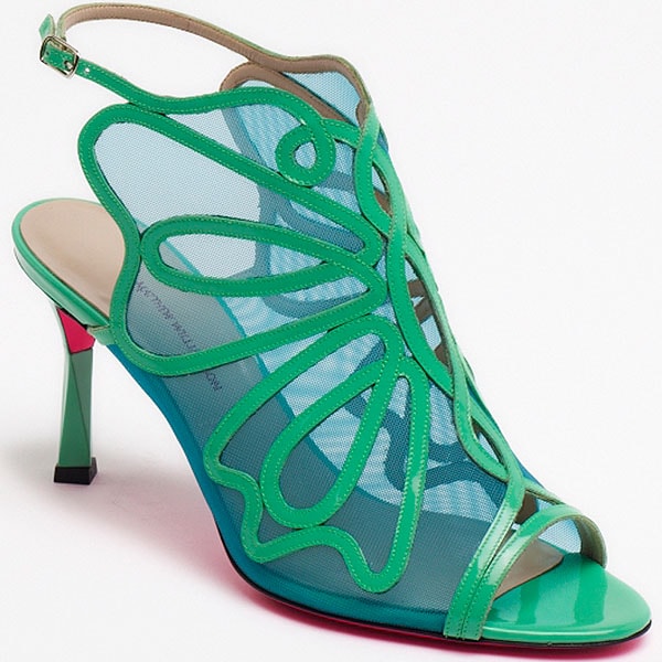 Matthew Williamson Spring 2013 shoes A sheer mesh sandal outlined in vivid green piping transforms organic, wing-like curves into a lightweight yet graphic silhouette