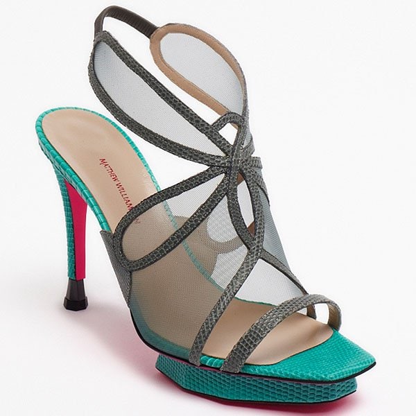 Matthew Williamson Spring 2013 shoes Fine mesh panels and intersecting straps give this sandal an airy, layered effect, grounded by a contrasting platform and slim heel