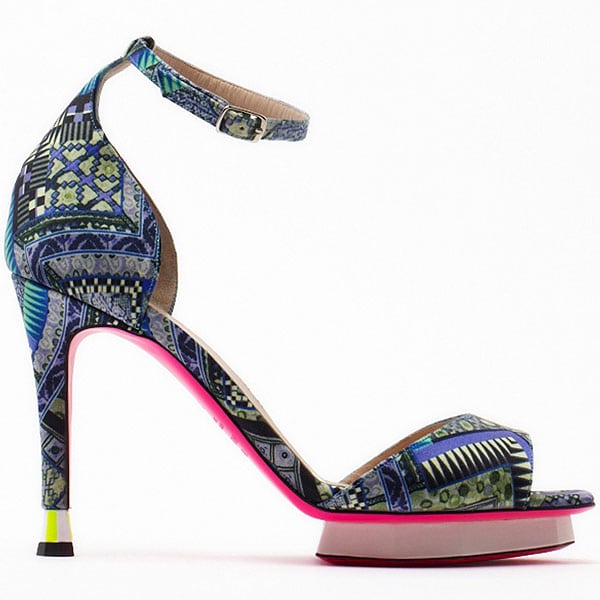 Matthew Williamson Spring 2013 shoes A printed ankle-strap sandal combines geometric textile patterns with a bright platform and heel insert, reinforcing the collection’s expressive, bohemian energy