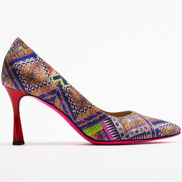 Matthew Williamson Spring 2013 shoes A pointed-toe pump covered in multicolored patchwork print highlights how bold pattern can remain wearable when anchored by a classic heel shape