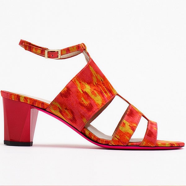 Matthew Williamson Spring 2013 shoes A block-heeled sandal in fiery red and orange tones uses painterly fabric placement to bring movement and warmth to a grounded silhouette