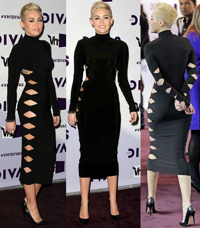 Miley Cyrus wears an Omo by Norma Kamali ‘Alligator’ dress with cut-out details