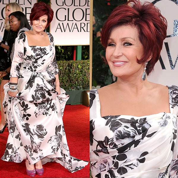 Sharon Osbourne 2012 Golden Globe Awards Sharon Osbourne shows off her custom pink crystal-embellished YSL pumps while wearing a black-and-white floral Naeem Khan gown at the 69th Annual Golden Globe Awards on January 15, 2012