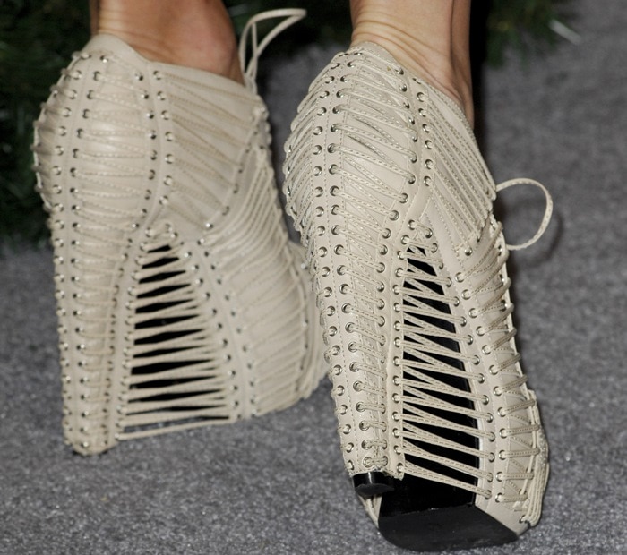 A closer look at Stephanie Pratt's fashion-forward choice: the Iris van Herpen x United Nude 'Crystallization' boots, where modern art meets footwear
