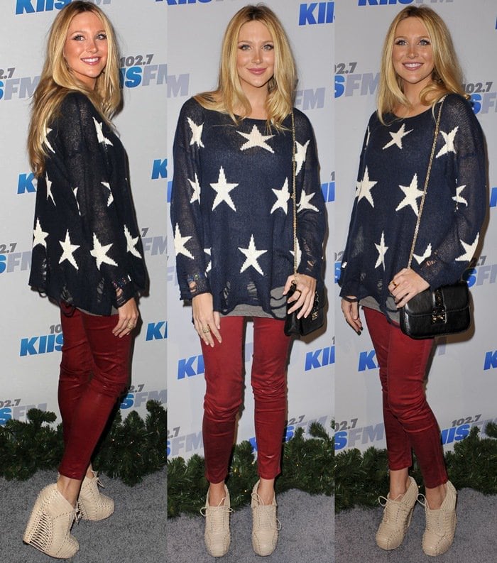 Stephanie Pratt showcases a bold look with a shredded open-knit 'Lennon' sweater adorned with star patterns, offering an edgy yet playful vibe
