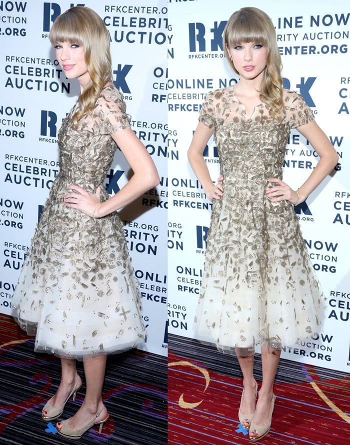 Channel Taylor Swift's elegance by pairing a delicate gold-embellished dress with nude peep-toe heels for a timeless and sophisticated look