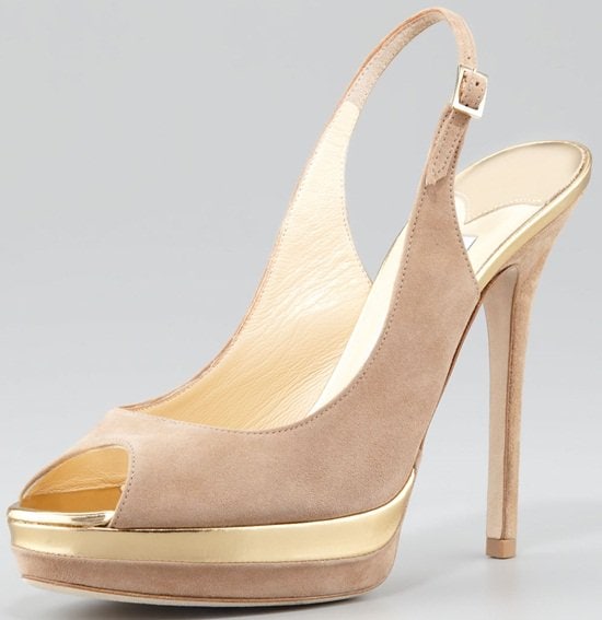 jimmy choo frosting gold trimmed peep toe sling back Jimmy Choo “Frosting” Suede Peep-Toe Pumps in Nude with metallic gold trim and a slim stiletto heel, originally retailed for $775