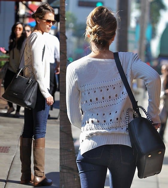 jessica alba grabs breakfast in beverly hills dec 11 2012 Jessica Alba wears Tory Burch Tenley riding boots for breakfast